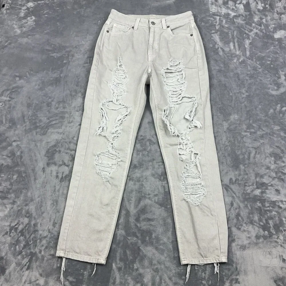American Eagle Mom Jeans Womens Size 2 Regular Gray Distressed Ripped 5 Pocket